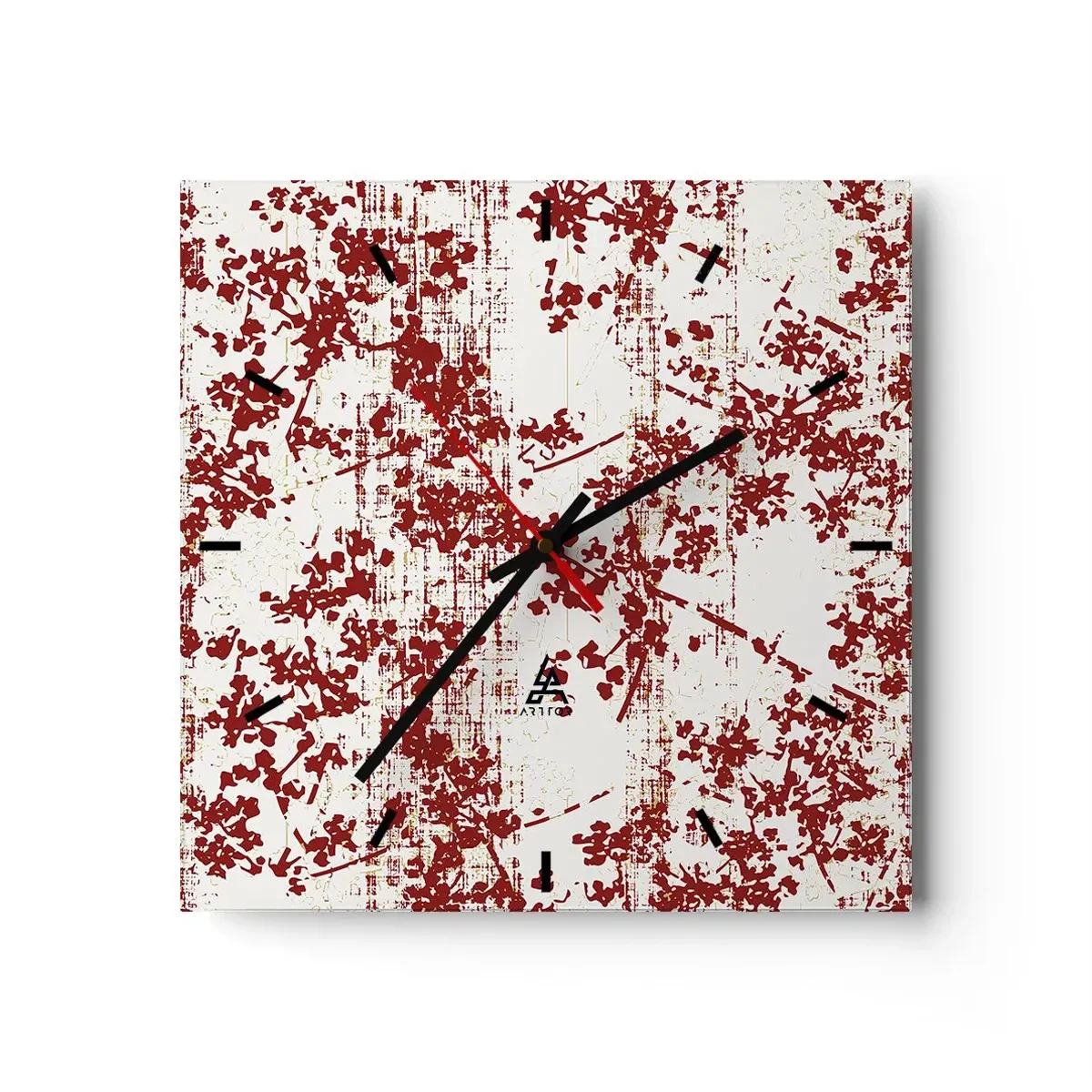 Wanduhr - Glasuhr - Rote Blumen auf weißem Hintergrund im künstlerischen Stil - 30x30cm - Wie alter Perkal - Moderne Wanddekoration für Wohnzimmer und Schlafzimmer ARTTOR