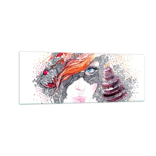 Glasbild - Bild auf glas - Künstlerisches Frauenporträt mit Details und rotem Akzent - 140x50cm - Bei ihr ist jeden Tag Feiertag - Moderne Wanddekoration für Wohnzimmer und Schlafzimmer ARTTOR