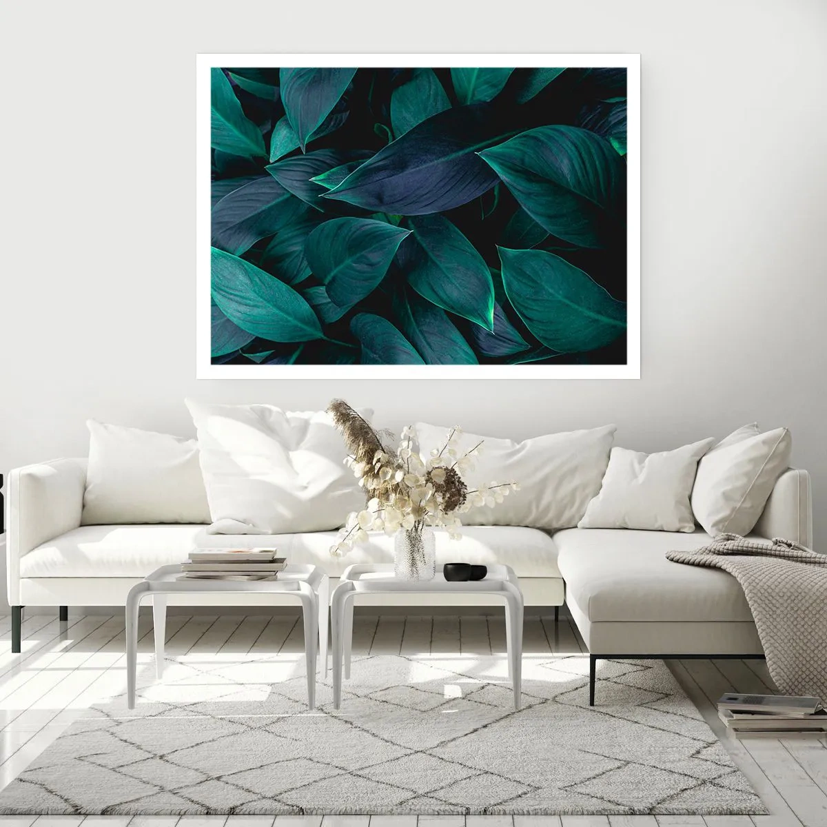 Poster - Nahaufnahme von grünen Blättern mit dunklem Hintergrund - 100x70cm - Grün in sich selbst - Moderne Wanddekoration für Wohnzimmer und Schlafzimmer ARTTOR