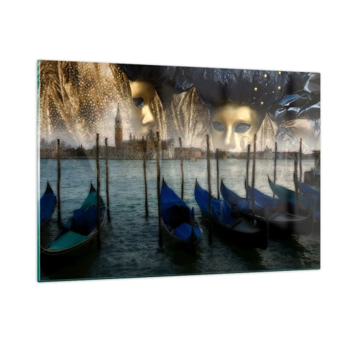 Glasbild - Bild auf glas - Venedig mit Gondeln und Karnevalsmasken - 120x80cm - Es ist Zeit, den Karneval zu starten - Moderne Wanddekoration für Wohnzimmer und Schlafzimmer ARTTOR