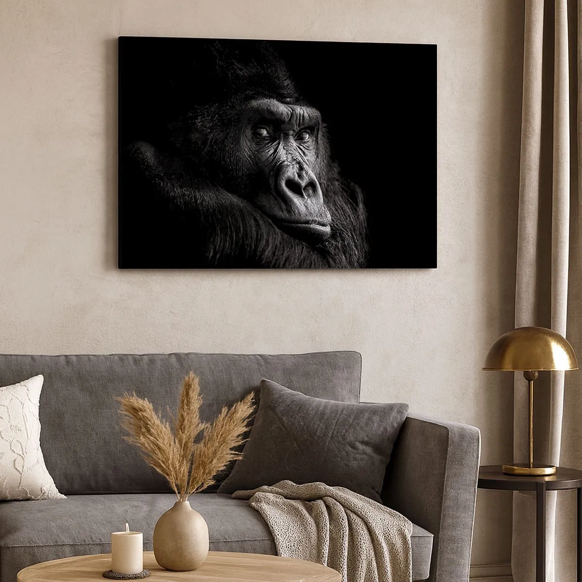 Bild auf Leinwand - Leinwandbild - Schwarz-Weiß-Porträt eines majestätischen Gorillas - 70x50cm - Und was guckst du so? - Moderne Wanddekoration für Wohnzimmer und Schlafzimmer ARTTOR