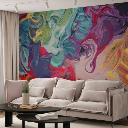 Fototapete Premium Sand - Bunte Abstraktion in dynamischen Pinselstrichen - 100x70cm - Die Geburt der Farben - Moderne Wanddekoration für Wohnzimmer und Schlafzimmer ARTTOR