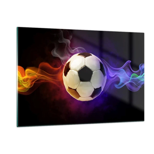 Glasbild - Bild auf glas - Ein Fußball, umgeben von bunten Streifen - 120x80cm - Die magische Kraft des Spiels - Moderne Wanddekoration für Wohnzimmer und Schlafzimmer ARTTOR