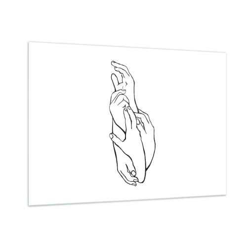 Glasbild - Bild auf glas - Eine subtile lineare Zeichnung gefalteter Hände auf weißem Hintergrund. - 100x70cm - Gute Geste - Moderne Wanddekoration für Wohnzimmer und Schlafzimmer ARTTOR