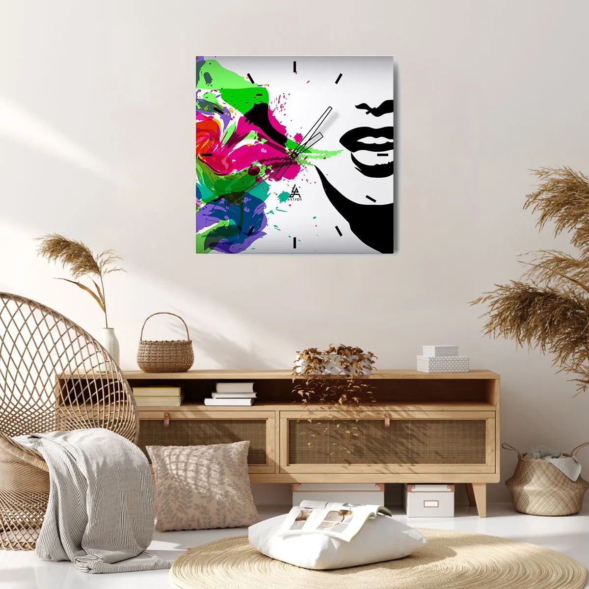 Wanduhr - Glasuhr - Farbenfrohes abstraktes Porträt mit dynamischen Formen - 30x30cm - Eine Geschichte in den Farben des Regenbogens - Moderne Wanddekoration für Wohnzimmer und Schlafzimmer ARTTOR