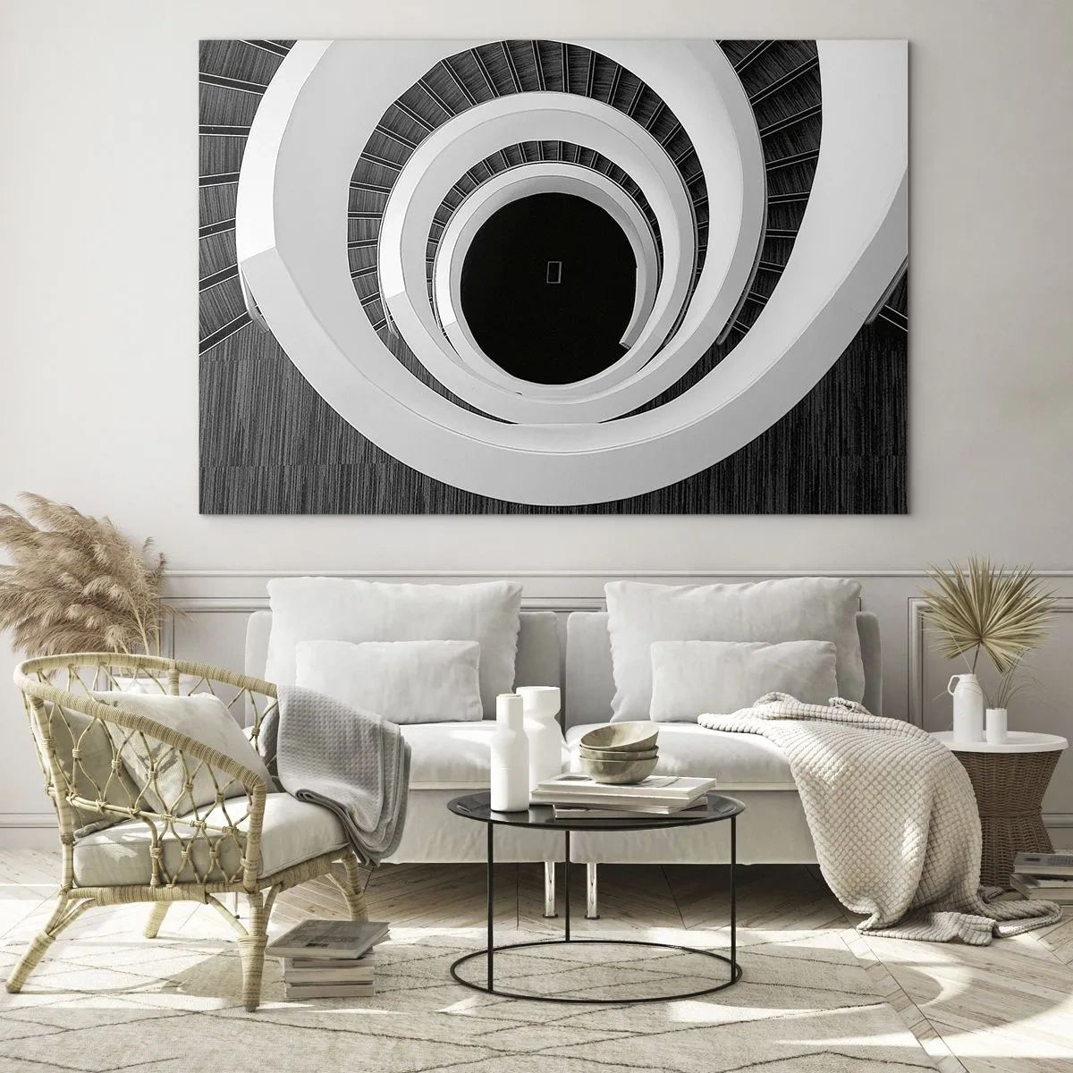 Glasbild - Bild auf glas - Schwarz-weiße Wendeltreppe von oben - 70x50cm - Zum Kern der Sache - Moderne Wanddekoration für Wohnzimmer und Schlafzimmer ARTTOR