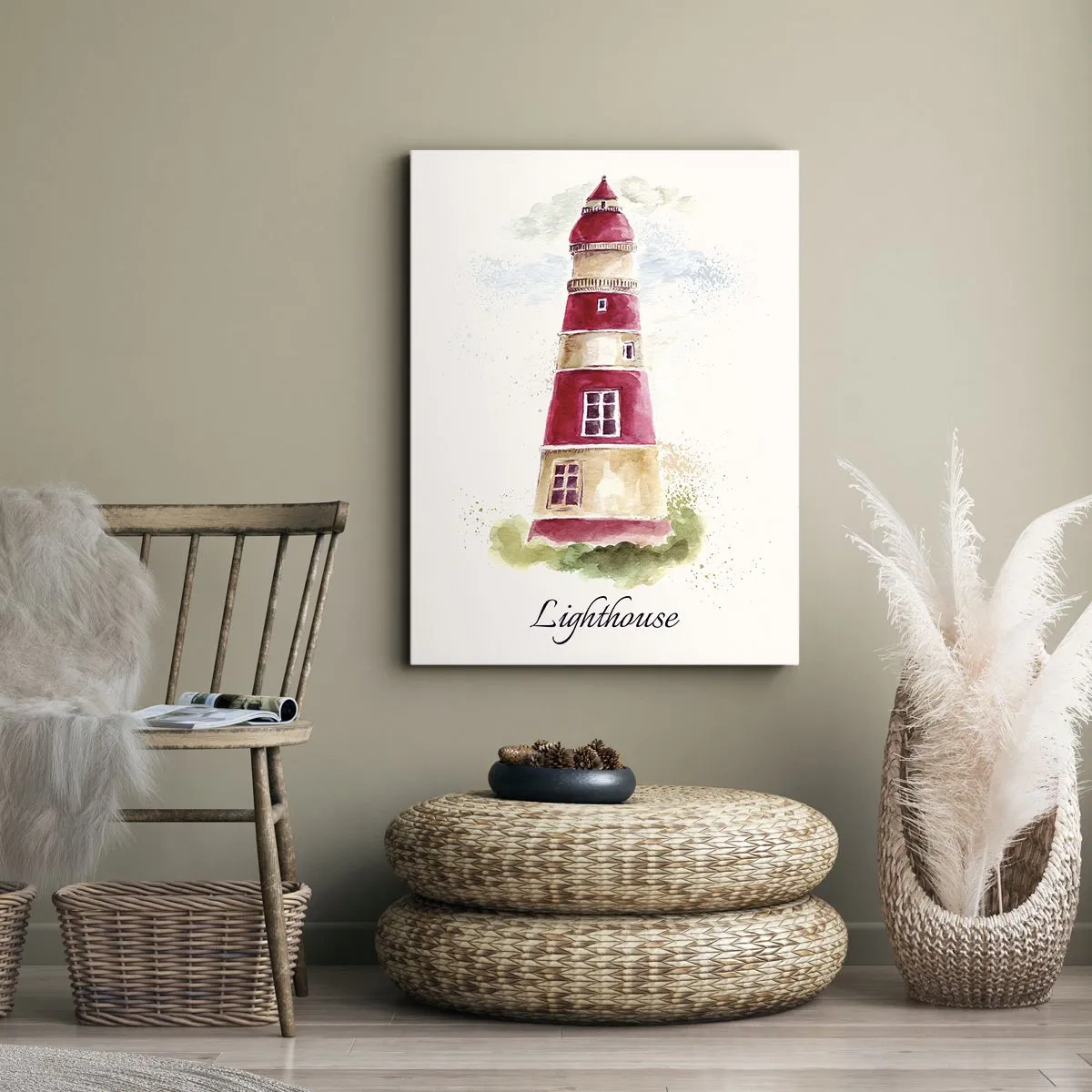 Bild auf Leinwand - Leinwandbild - Ein Aquarell eines Leuchtturms auf hellem Hintergrund mit einer Inschrift - 50x70cm - Das Wetter ringsum ist immer gut - Moderne Wanddekoration für Wohnzimmer und Schlafzimmer ARTTOR