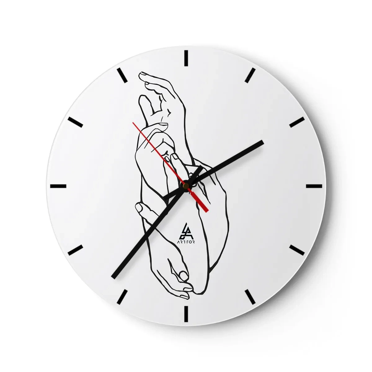 Wanduhr - Glasuhr - Eine zarte Skizze von zwei gefalteten Händen auf weißem Hintergrund - 30x30cm - Gute Geste - Moderne Wanddekoration für Wohnzimmer, Küche und Schlafzimmer ARTTOR