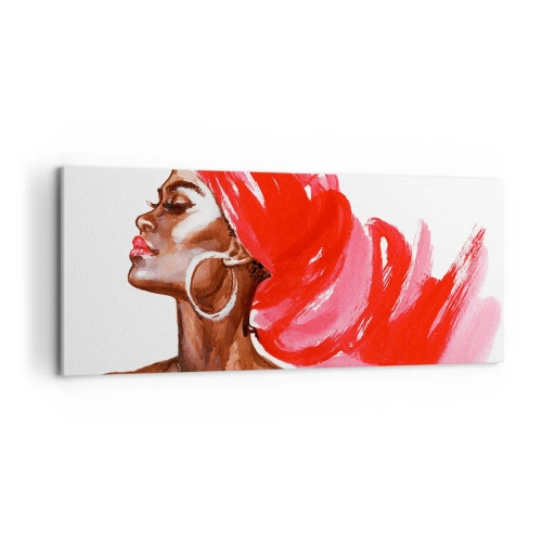 Bild auf Leinwand - Leinwandbild - Profil einer Frau mit rotem Turban und Ohrringen - 120x50cm - Es weht ein Wind, der die Nase eines Mannes öffnet - Moderne Wanddekoration für Wohnzimmer und Schlafzimmer ARTTOR