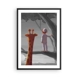 Poster in einem schwarzem Rahmen - Ein Junge im Pyjama und eine Giraffe in einem Baum in einer grau-orangen Landschaft. - 50x70cm - Das passiert wirklich - Moderne Wanddekoration für Wohnzimmer und Schlafzimmer ARTTOR