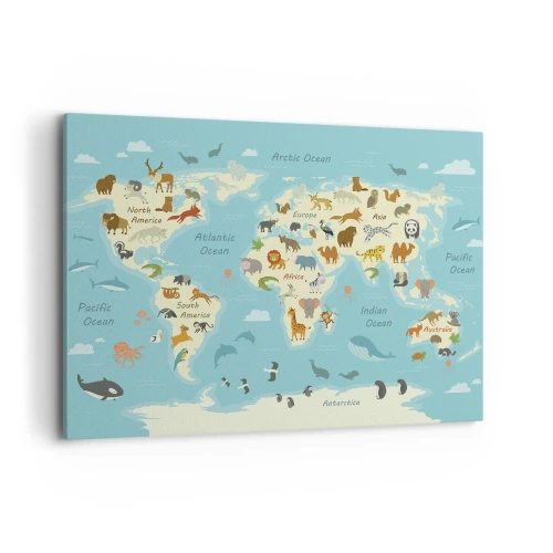 Bild auf Leinwand - Leinwandbild - Weltkarte mit Tierillustrationen - 100x70cm - Gute Nachbarn - Moderne Wanddekoration für Wohnzimmer und Schlafzimmer ARTTOR