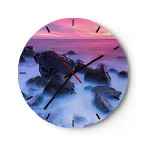 Wanduhr - Glasuhr - Steine am Meer bei Sonnenuntergang in Rosatönen - 30x30cm - Geburt bei Licht und Nebel - Moderne Wanddekoration für Wohnzimmer, Küche und Schlafzimmer ARTTOR