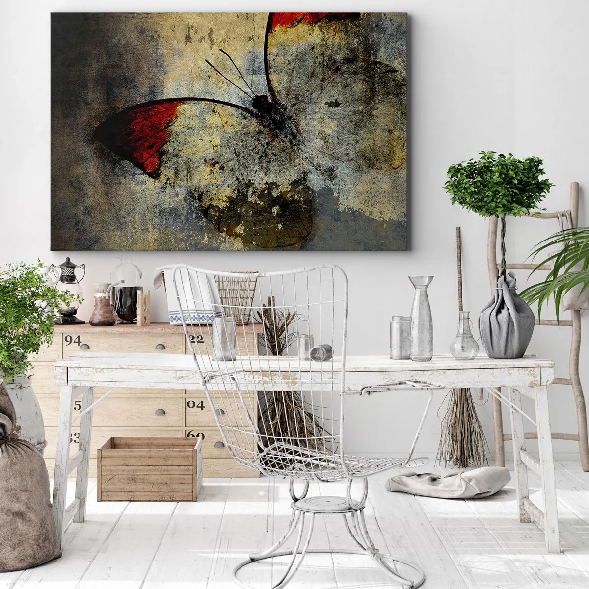 Bild auf Leinwand - Leinwandbild - Ein Schmetterling in Rot- und Grautönen auf strukturiertem Hintergrund - 70x50cm - Pass auf, bevor ich verschwinde - Moderne Wanddekoration für Wohnzimmer und Schlafzimmer ARTTOR