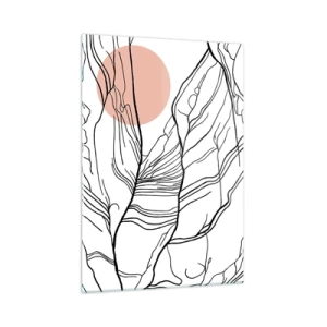 Glasbild - Bild auf glas - Schattige Zweiglinien mit beiger Sonne - 50x70cm - In einem Netz aus Zweigen - Moderne Wanddekoration für Wohnzimmer und Schlafzimmer ARTTOR