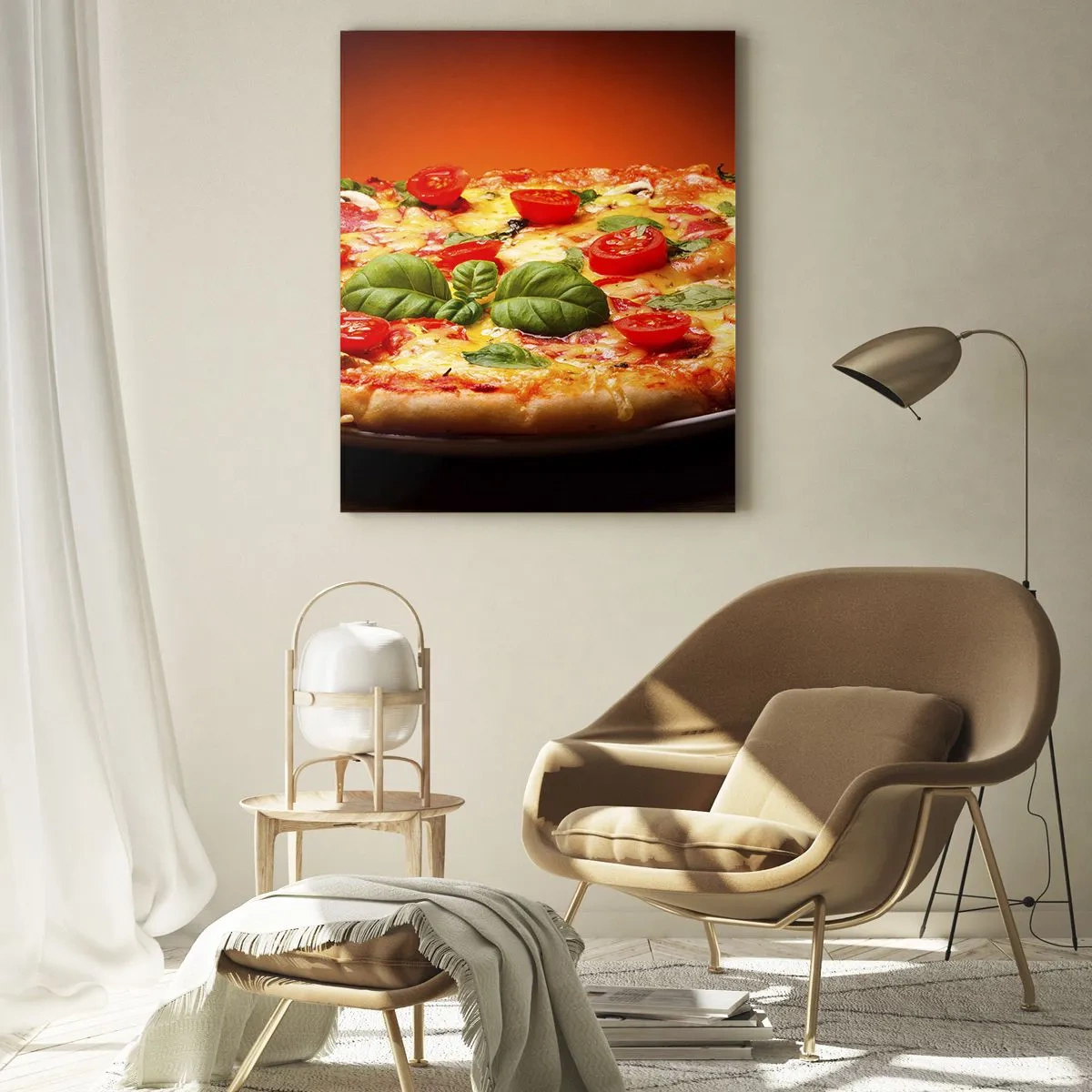 Glasbild - Bild auf glas - Pizza mit Tomaten, Basilikum und geschmolzenem Käse - 50x70cm - Mamma Mia! - Moderne Wanddekoration für Wohnzimmer und Schlafzimmer ARTTOR