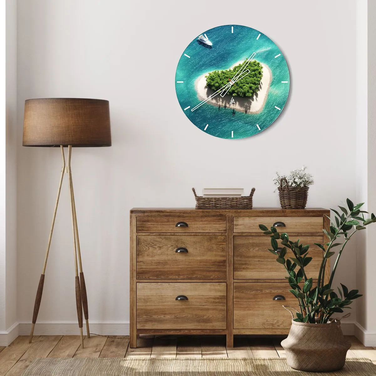 Wanduhr - Glasuhr - Eine herzförmige Insel vor der Kulisse eines türkisfarbenen Meeres - 30x30cm - ich liebe Sommer - Moderne Wanddekoration für Wohnzimmer, Küche und Schlafzimmer ARTTOR