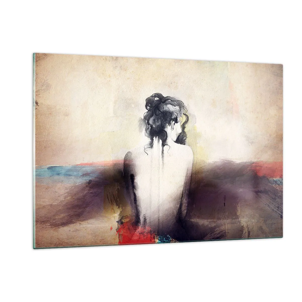 Glasbild - Bild auf glas - Ein subtiles Porträt einer Frau vor einem pastellfarbenen Landschaftshintergrund. - 120x80cm - Glatte Linien, ovale Formen - Moderne Wanddekoration für Wohnzimmer und Schlafzimmer ARTTOR