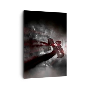 Bild auf Leinwand - Leinwandbild - Saxophonist im Rauch auf der Bühne in stimmungsvollem Schwarz und Rot - 50x70cm - In den Dämpfen des Jazz - Moderne Wanddekoration für Wohnzimmer und Schlafzimmer ARTTOR