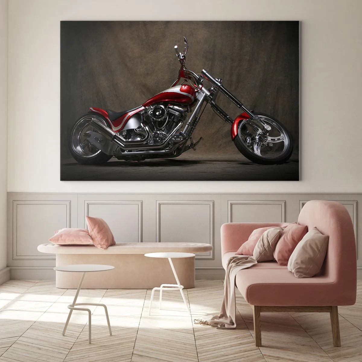 Glasbild - Bild auf glas - Rotes Custom-Motorrad auf dunklem Hintergrund - 120x80cm - Rote und silberne Schönheit - Moderne Wanddekoration für Wohnzimmer und Schlafzimmer ARTTOR