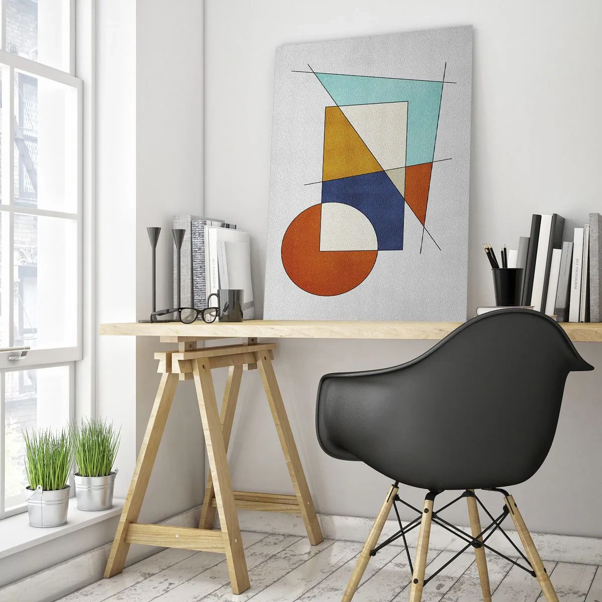 Glasbild - Bild auf glas - Bunte geometrische Formen auf hellem Hintergrund im modernistischen Stil - 50x70cm - Abstraktion: modernistisches Spiel - Moderne Wanddekoration für Wohnzimmer und Schlafzimmer ARTTOR