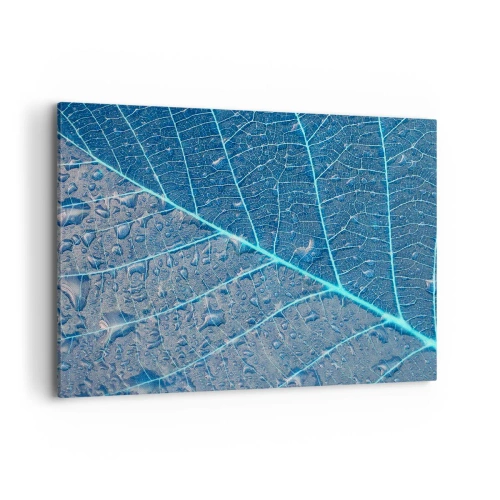 Bild auf Leinwand - Leinwandbild - Ein Blatt in Blautönen mit Wassertropfen - 100x70cm - Leben in Blau - Moderne Wanddekoration für Wohnzimmer und Schlafzimmer ARTTOR