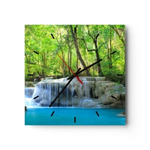 Wanduhr - Glasuhr - Ein Wasserfall zwischen grünen Bäumen mit blauem Wasser in einer natürlichen Umgebung - 30x30cm - In Türkis und Grün ertrinken - Moderne Wanddekoration für Wohnzimmer und Schlafzimmer ARTTOR