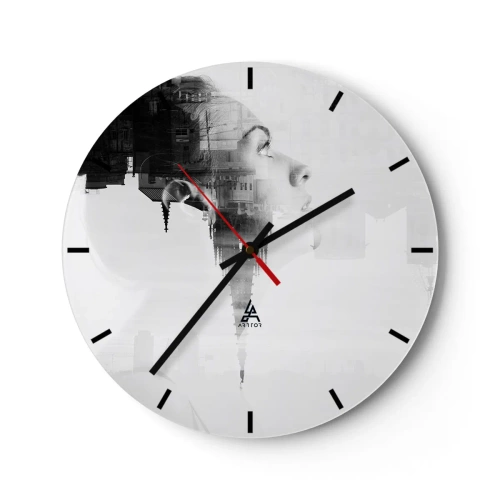 Wanduhr - Glasuhr - Porträt einer Frau in einer künstlerischen Komposition mit einem urbanen Motiv im Hintergrund - 30x30cm - Auf beiden Seiten des Glases - Moderne Wanddekoration für Wohnzimmer, Küche und Schlafzimmer ARTTOR