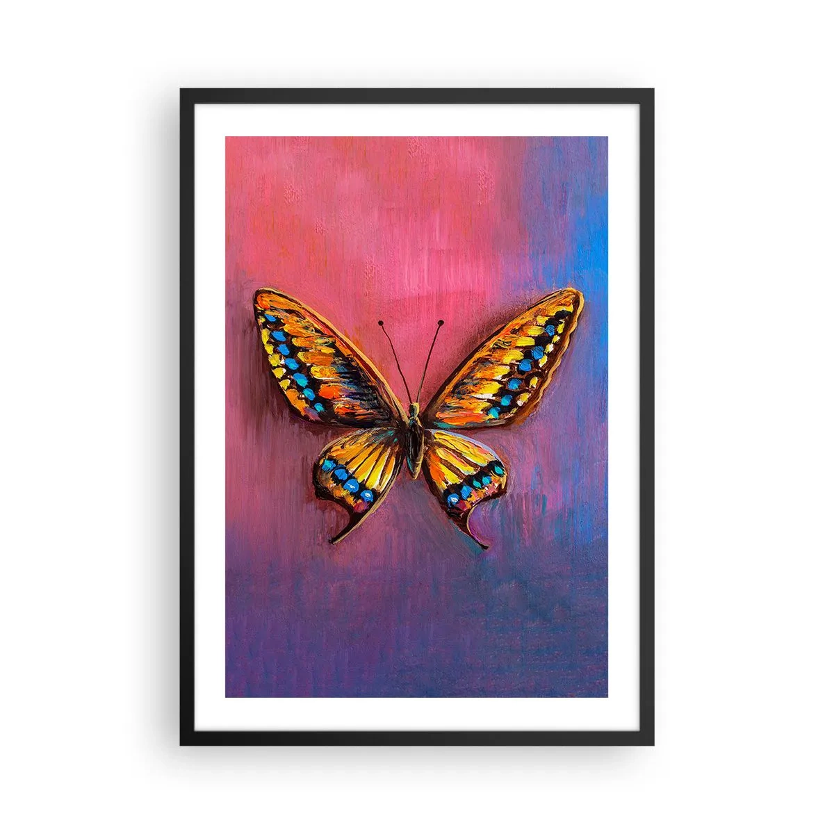 Poster in einem schwarzem Rahmen - Ein bunter Schmetterling auf einem künstlerischen Hintergrund mit intensiven Farben. - 50x70cm - Ein Juwel der Natur - Moderne Wanddekoration für Wohnzimmer und Schlafzimmer ARTTOR