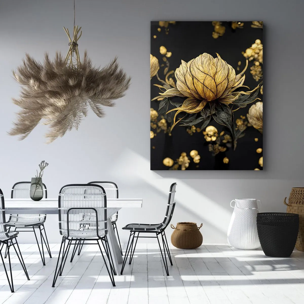 Bild auf Leinwand - Leinwandbild - Goldene Blume auf dunklem Hintergrund - 50x70cm - Subtile Zerbrechlichkeit - Moderne Wanddekoration für Wohnzimmer und Schlafzimmer ARTTOR