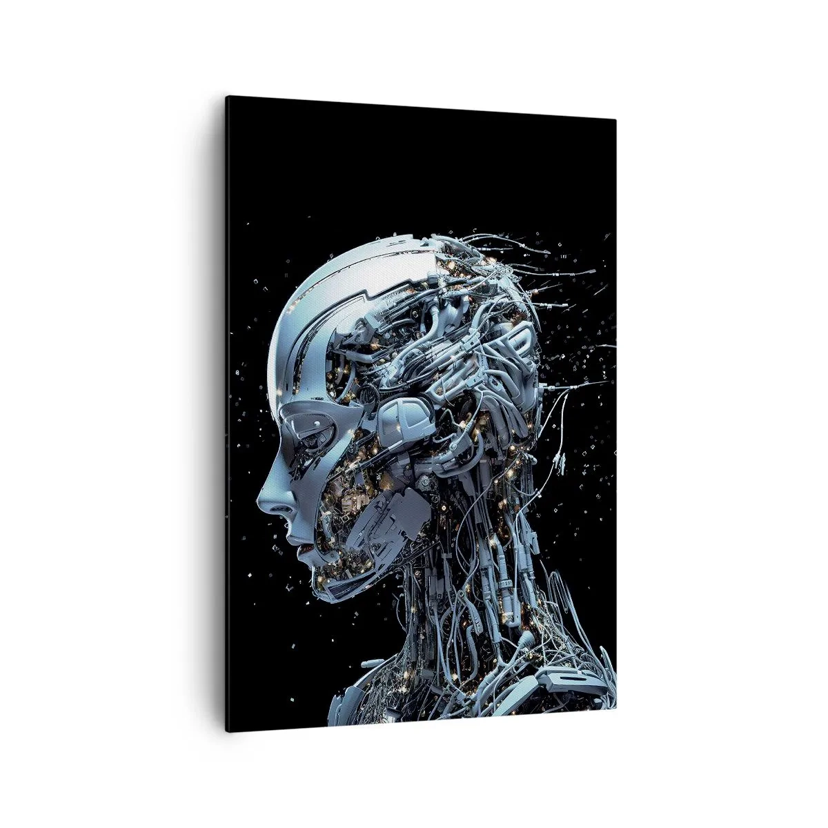 Bild auf Leinwand - Leinwandbild - Futuristisches Porträt eines Cyborgs im Industriestil auf schwarzem Hintergrund. - 70x100cm - Technologie ist eine Frau - Moderne Wanddekoration für Wohnzimmer und Schlafzimmer ARTTOR