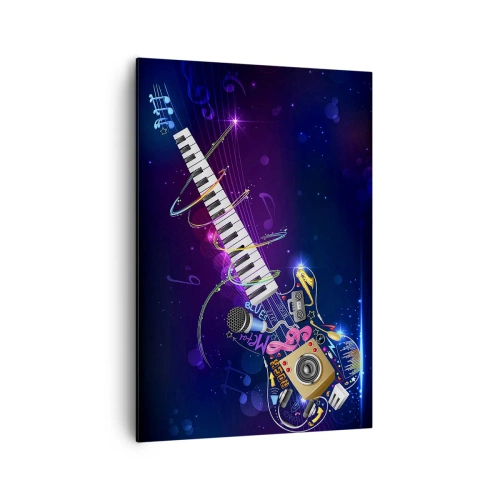 Bild auf Leinwand - Leinwandbild - Eine bunte Gitarre mit Keyboard und Mikrofon auf dunklem Hintergrund. - 70x100cm - Und alles ist gut - Moderne Wanddekoration für Wohnzimmer und Schlafzimmer ARTTOR