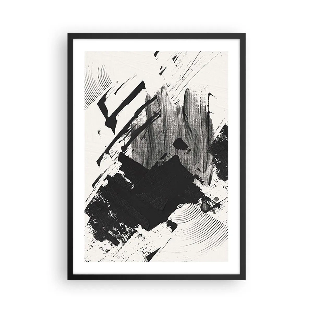 Poster in einem schwarzem Rahmen - Abstrakte schwarz-weiße Pinselstriche - 50x70cm - Abstraktion – Ausdruck von Schwarz - Moderne Wanddekoration für Wohnzimmer und Schlafzimmer ARTTOR