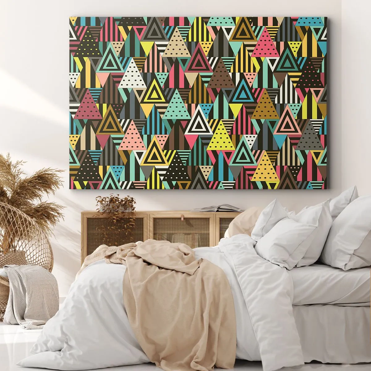 Bild auf Leinwand - Leinwandbild - Buntes geometrisches Muster mit Dreiecken und Linien - 70x50cm - Im Rhythmus auf drei - Moderne Wanddekoration für Wohnzimmer und Schlafzimmer ARTTOR