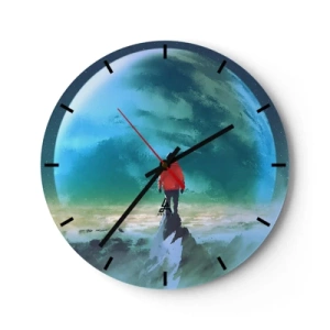 Wanduhr - Glasuhr - Eine Gestalt auf einem Berggipfel mit Blick auf einen grünen Planeten - 30x30cm - Entdecker des neuen Landes - Moderne Wanddekoration für Wohnzimmer, Küche und Schlafzimmer ARTTOR