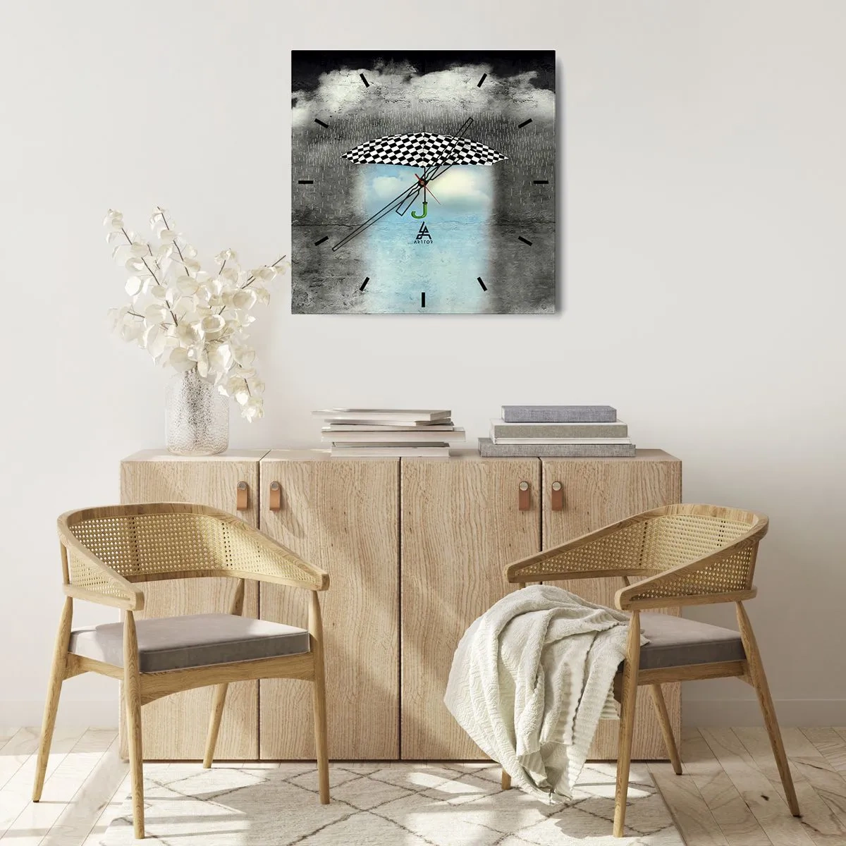 Wanduhr - Glasuhr - Ein karierter Regenschirm über einer verregneten Landschaft - 30x30cm - Aber möglich - Moderne Wanddekoration für Wohnzimmer und Schlafzimmer ARTTOR