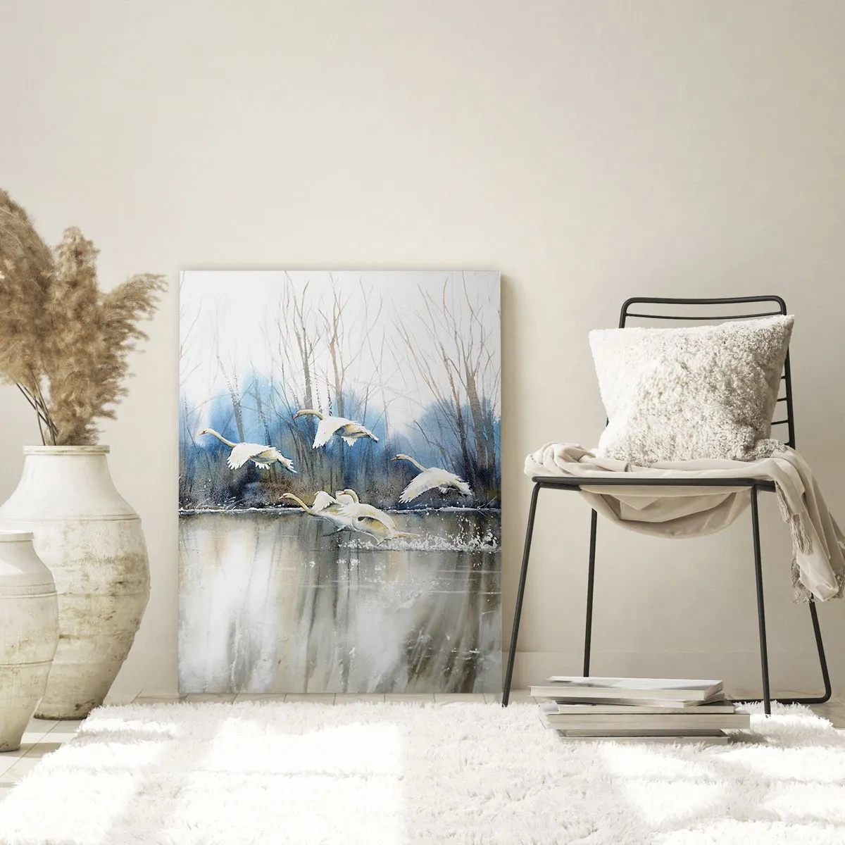 Glasbild - Bild auf glas - Schwäne im Flug über einem zugefrorenen See in einer Winterlandschaft - 70x100cm - Wie im Märchen von den wilden Schwänen - Moderne Wanddekoration für Wohnzimmer und Schlafzimmer ARTTOR