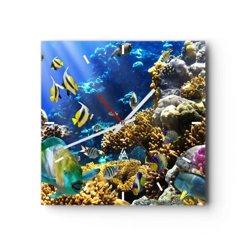 Wanduhr - Glasuhr - Ein farbenfrohes Korallenriff mit tropischen Fischen in den Tiefen des Ozeans. - 30x30cm - Viel Verkehr auf dem Ferienweg - Moderne Wanddekoration für Wohnzimmer und Schlafzimmer ARTTOR