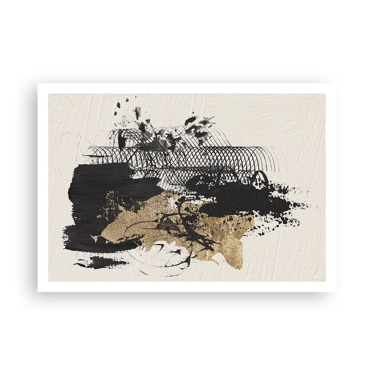 Poster - Ein abstraktes Gemälde in Schwarz und Gold mit dynamischen Linien und Strukturen. - 100x70cm - Komposition mit Leidenschaft - Moderne Wanddekoration für Wohnzimmer und Schlafzimmer ARTTOR