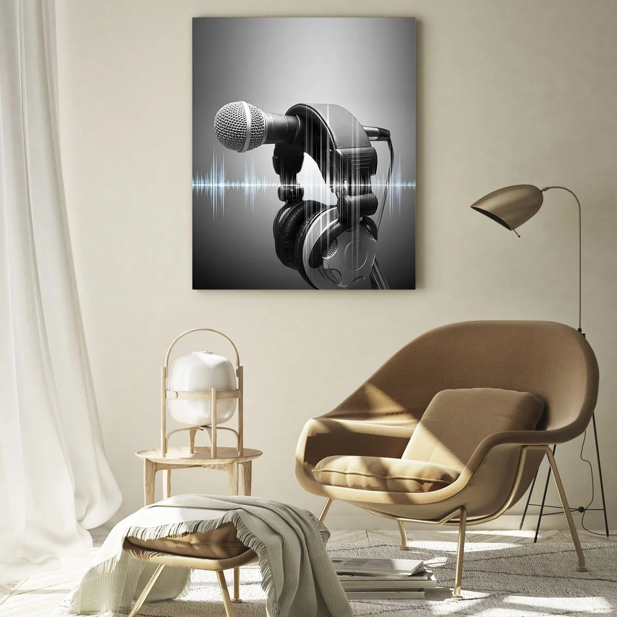Glasbild - Bild auf glas - Mikrofon mit Kopfhörern vor einem Hintergrund aus Schallwellen - 50x70cm - Du kannst immer noch den Gesang hören - Moderne Wanddekoration für Wohnzimmer und Schlafzimmer ARTTOR