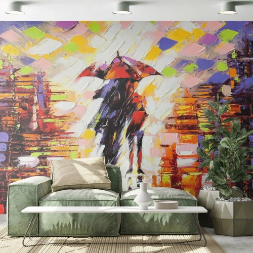 Selbstklebende Fototapete Deluxe Sticker - Gemeinsam durch die Nacht und den Regen - Abstraktion, Verliebtes Pärchen, Im Regen spazieren gehen - 150x105 cm