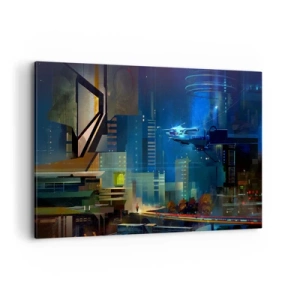 Bild auf Leinwand - Leinwandbild - Futuristische Stadt bei Nacht mit Neonlichtern und einem fliegenden Fahrzeug - 120x80cm - In naher Zukunft - Moderne Wanddekoration für Wohnzimmer und Schlafzimmer ARTTOR