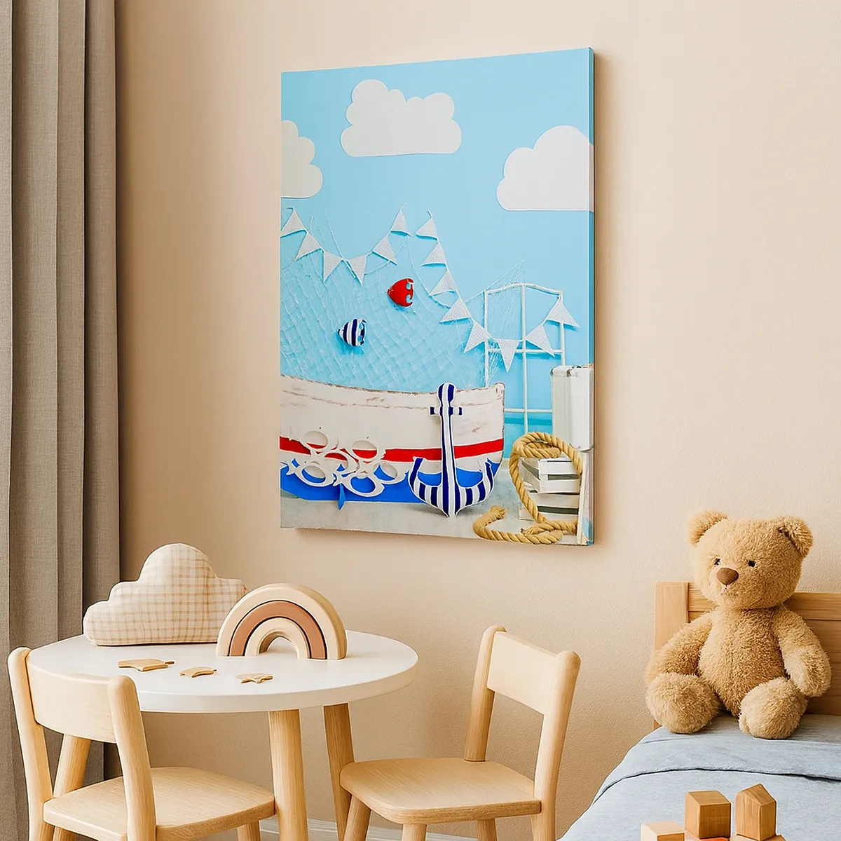 Bild auf Leinwand - Leinwandbild - Nautische Dekoration mit einem Boot und Zubehör auf blauem Hintergrund - 50x70cm - Die Sehnsucht eines Kindes nach Abenteuer - Moderne Wanddekoration für Wohnzimmer und Schlafzimmer ARTTOR