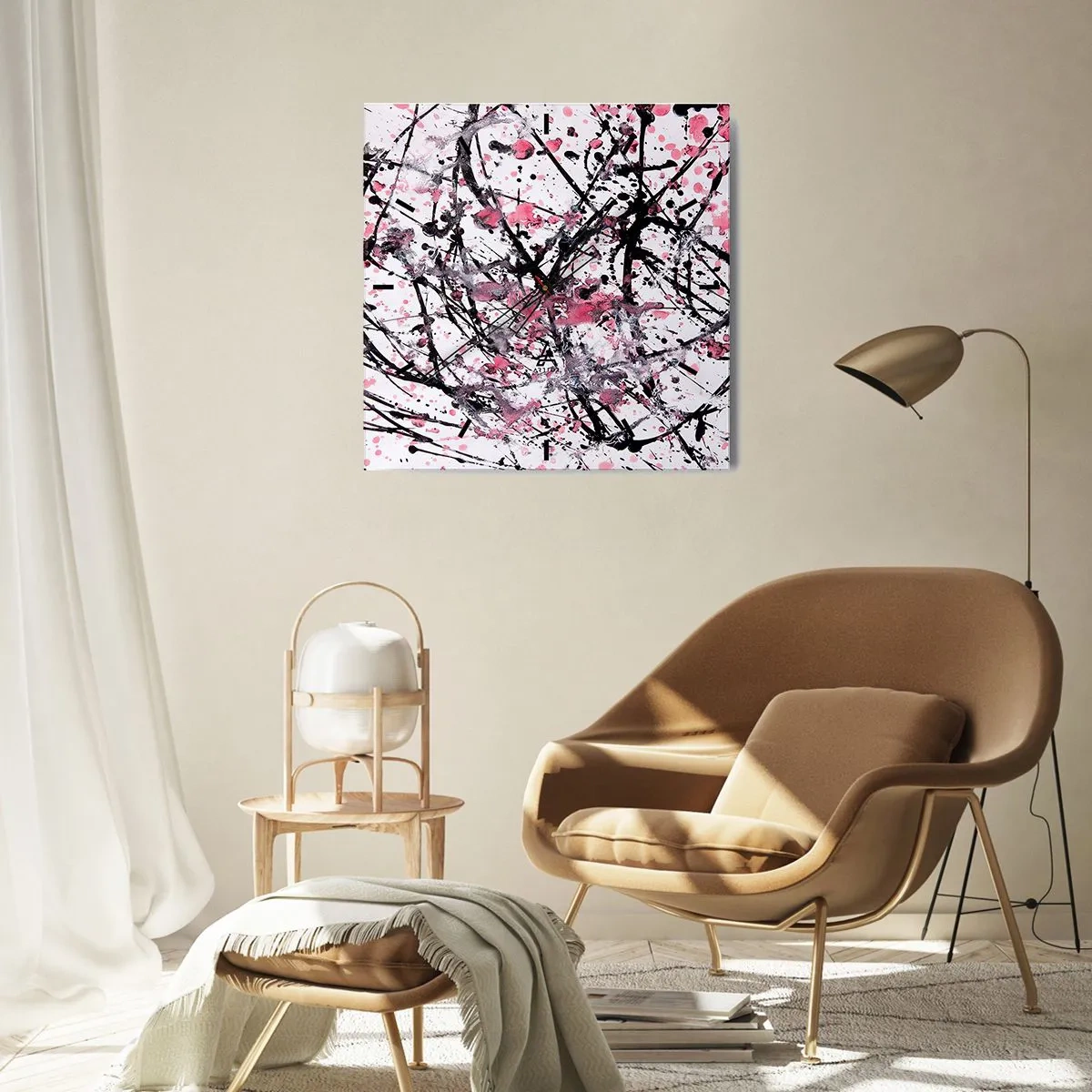 Wanduhr - Glasuhr - Abstraktes Muster in Rosa-, Schwarz- und Weißtönen - 30x30cm - Die Flüchtigkeit des Lebens - Moderne Wanddekoration für Wohnzimmer und Schlafzimmer ARTTOR