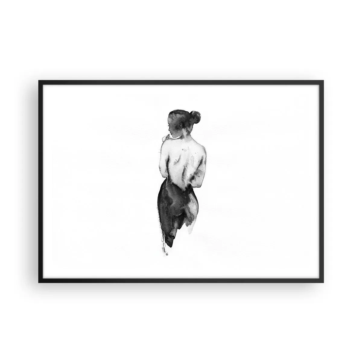 Poster in einem schwarzem Rahmen - Die Figur einer Frau, eingefangen in subtilem Aquarell - 100x70cm - Bei ihr verschwindet die Welt - Moderne Wanddekoration für Wohnzimmer und Schlafzimmer ARTTOR
