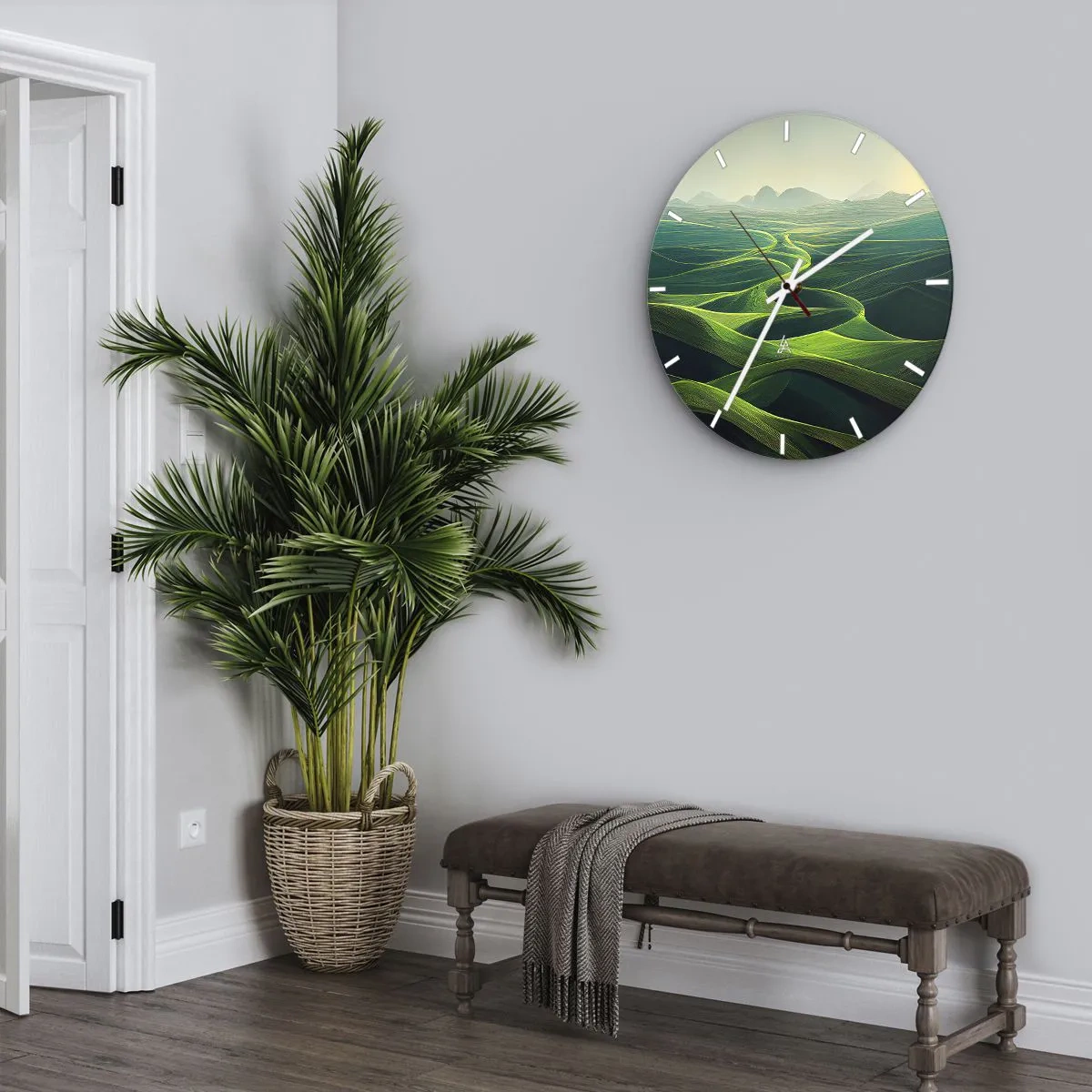 Wanduhr - Glasuhr - Grüne Täler und Hügel in einem künstlerischen Landschaftsansatz - 30x30cm - In den grünen Tälern - Moderne Wanddekoration für Wohnzimmer, Küche und Schlafzimmer ARTTOR