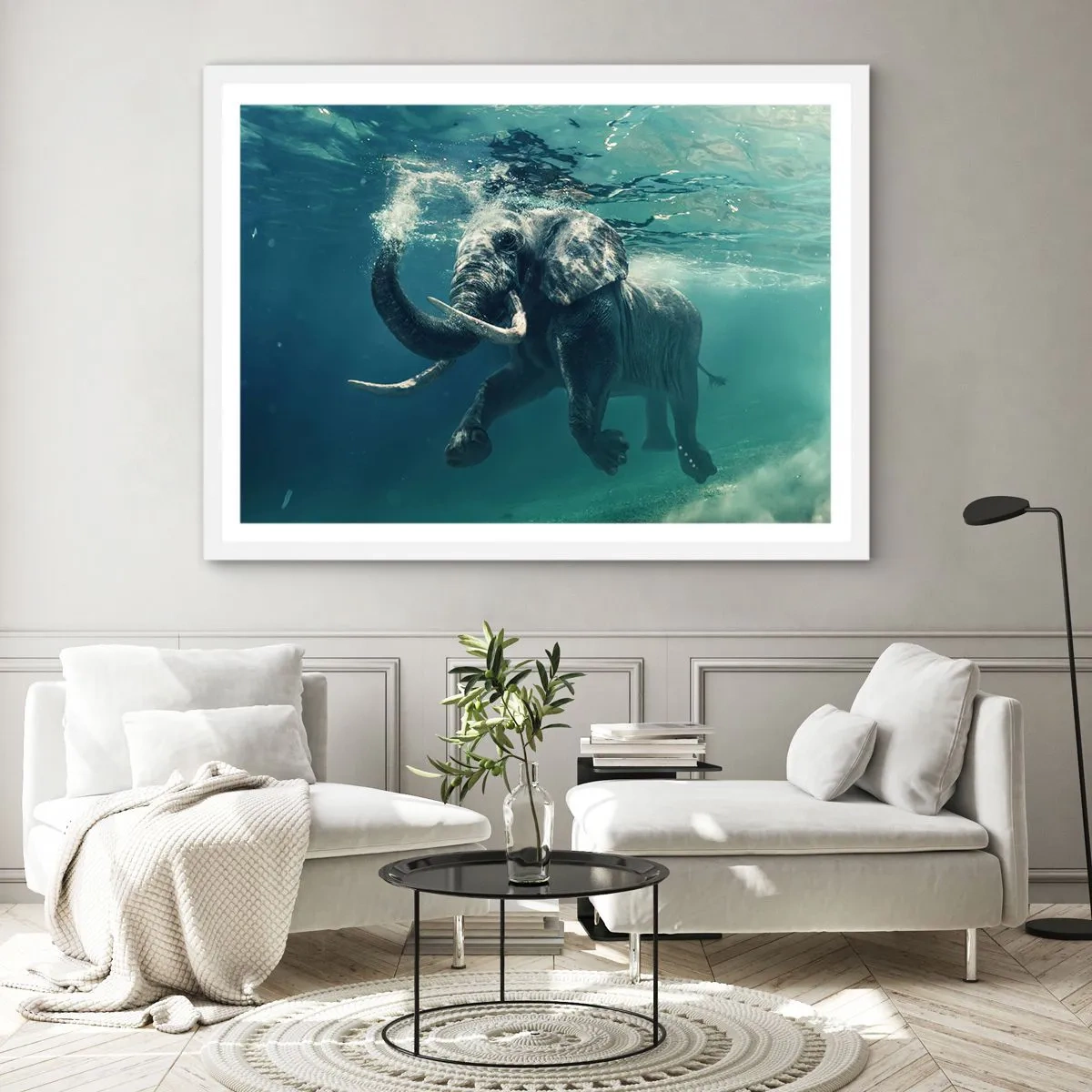 Poster in einem weißen Rahmen - Jeder schwimmt gerne - 100x70 cm