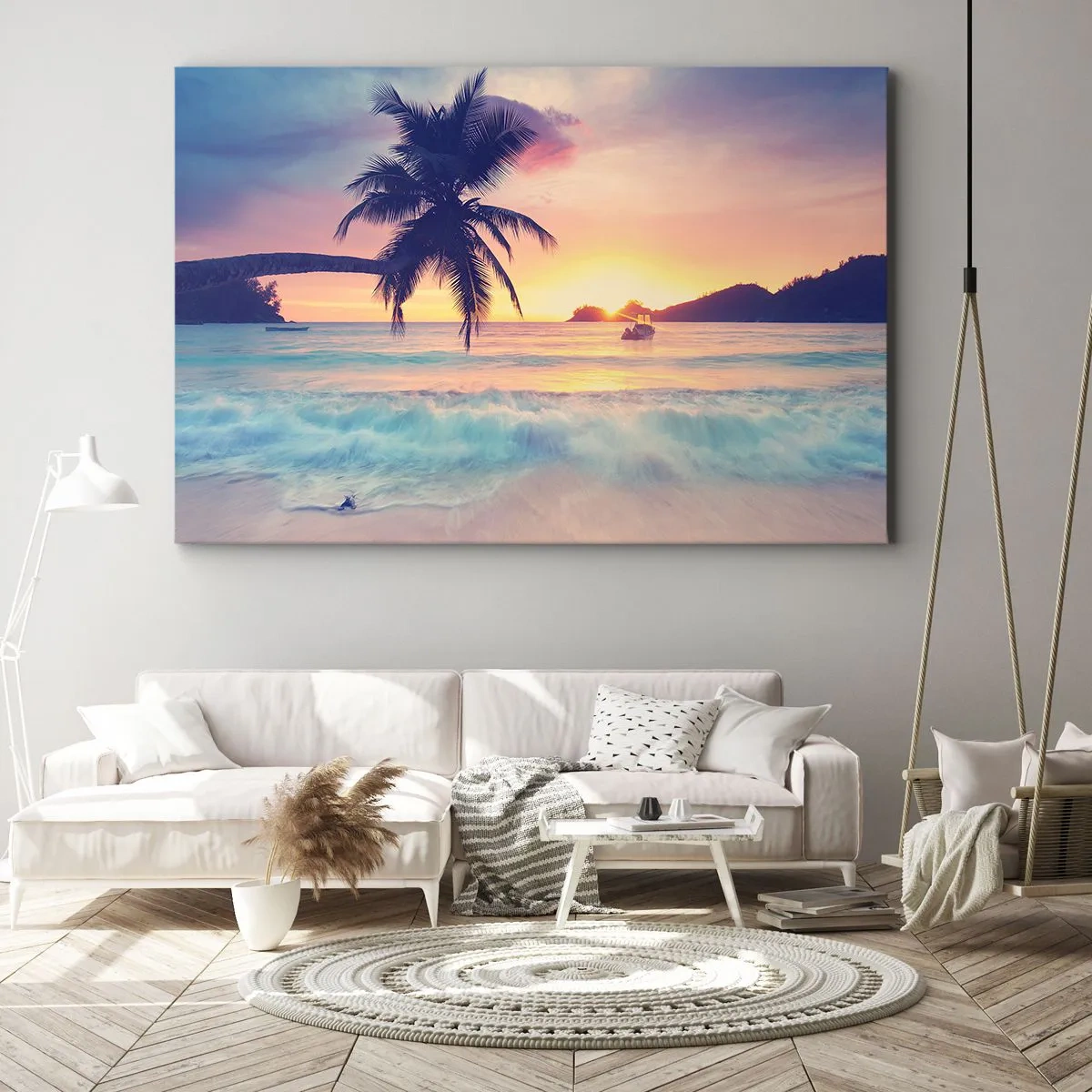 Bild auf Leinwand - Leinwandbild - Strand mit Palmen und Sonnenuntergang über dem Meer - 100x70cm - Ein Abend in der Bucht - Moderne Wanddekoration für Wohnzimmer und Schlafzimmer ARTTOR