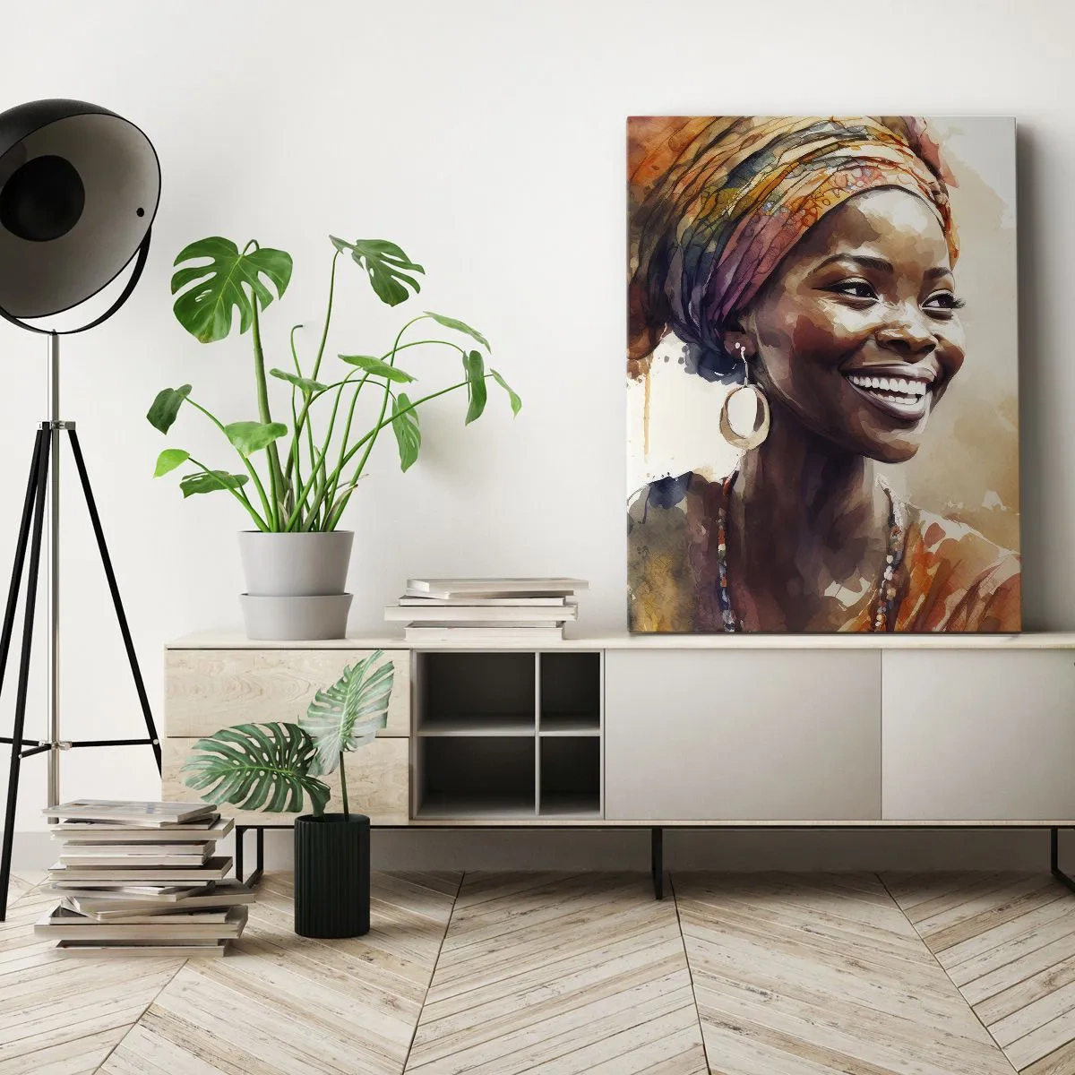 Bild auf Leinwand - Leinwandbild - Porträt einer lächelnden Frau mit buntem Schal in Aquarell - 50x70cm - Afrikanische Königin - Moderne Wanddekoration für Wohnzimmer und Schlafzimmer ARTTOR