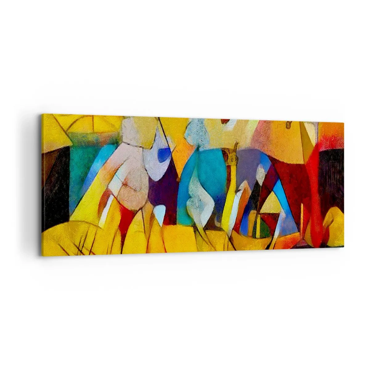 Bild auf Leinwand - Leinwandbild - Eine farbenfrohe Abstraktion, die Figuren in geometrischer Form darstellt - 120x50cm - Sonne - Leben - Freude - Moderne Wanddekoration für Wohnzimmer und Schlafzimmer ARTTOR