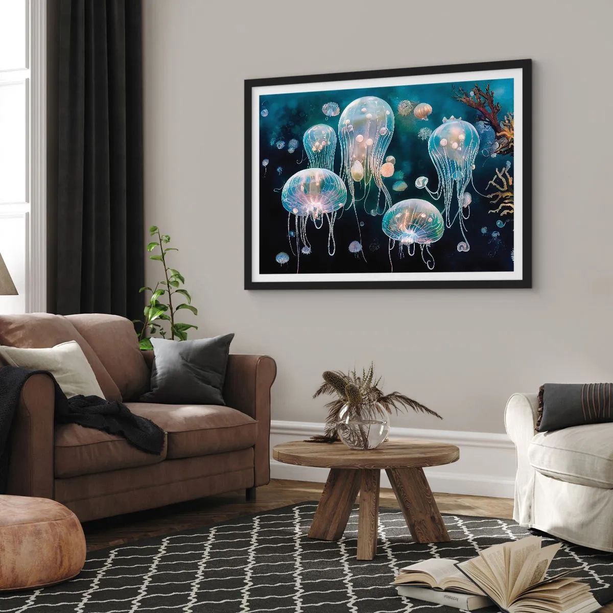 Poster in einem schwarzem Rahmen - Zarte Quallen in der Unterwasserwelt - 70x50cm - Unterwasserball - Moderne Wanddekoration für Wohnzimmer und Schlafzimmer ARTTOR
